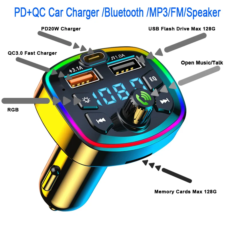 Безжична Bluetooth 5,0 Кола FM-предавател PD 18 W Type-C Dual USB 3.1 A Бързо Зарядно Устройство Handfree MP3 Музикални TF Карта, U диск Плейър AUX