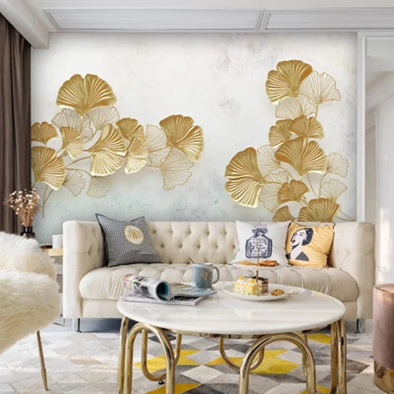 Потребителски стенни тапети, Модерни 3D стенни рисувани със златни листа на Гинко, Абстрактна стикер за всекидневната, Самозалепващи водоустойчив стенописи