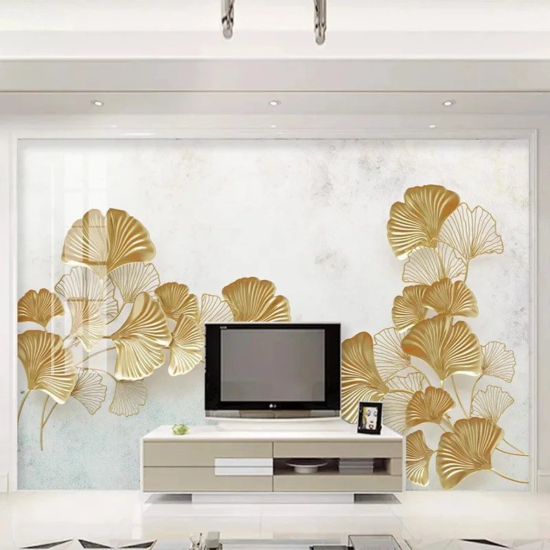 Потребителски стенни тапети, Модерни 3D стенни рисувани със златни листа на Гинко, Абстрактна стикер за всекидневната, Самозалепващи водоустойчив стенописи
