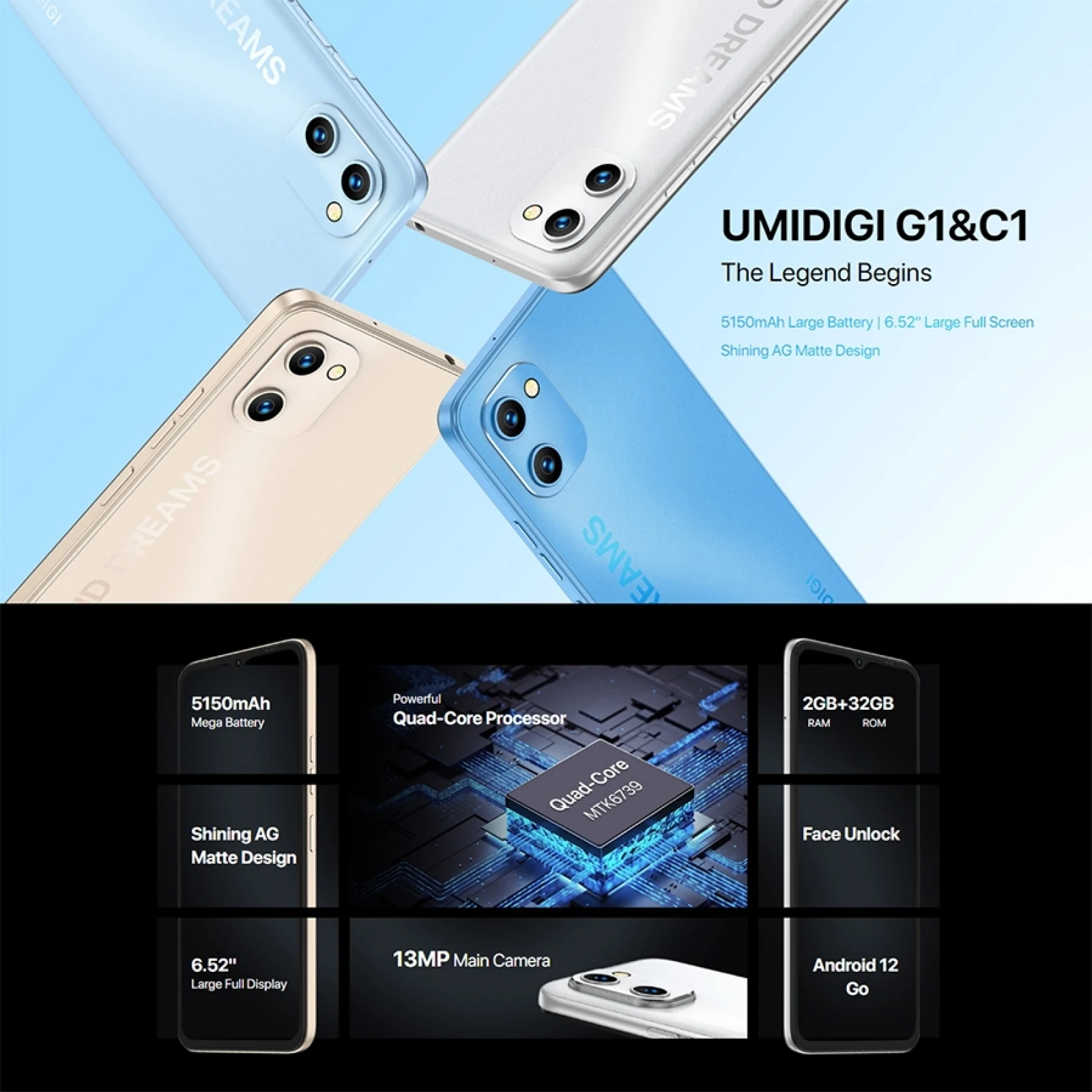 UMIDIGI G1 C1 2 GB, 32 GB Глобалната версия на 5150 mah Батерия Face ID 6,52 