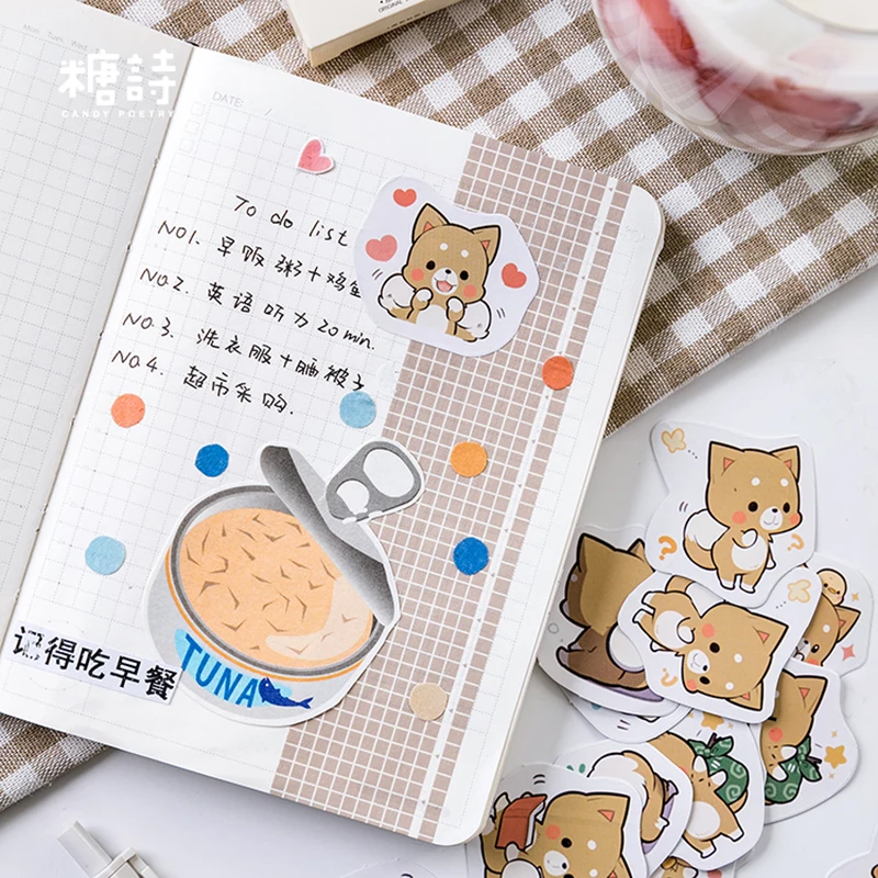 45 бр. сладки етикети Shiba-Ин, японски канцеларски материали Kawaii, Етикети за кучета, Материали за scrapbooking, ученически пособия