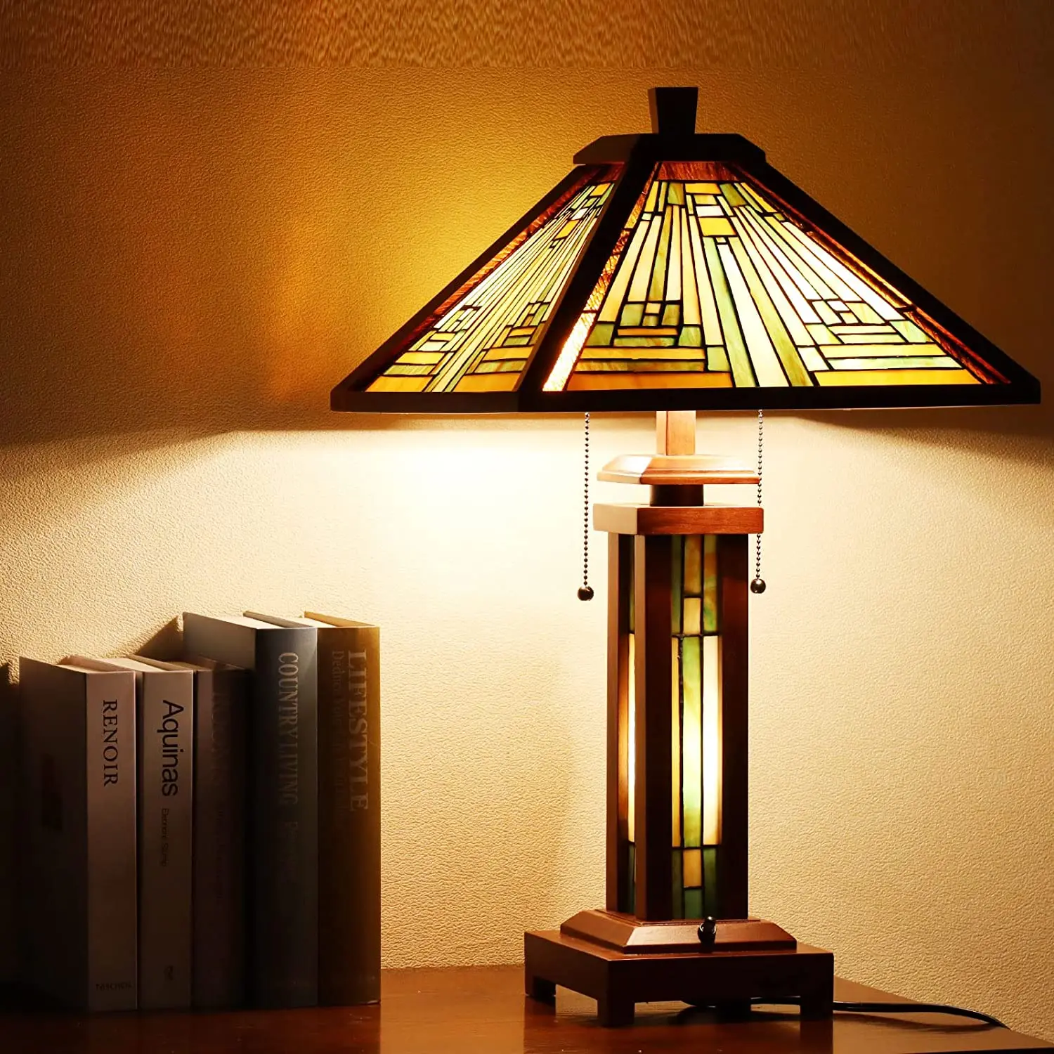 Настолна лампа в стил Тифани, настолна лампа с цветен стъкло и дървена основа, кафяв, лампа за четене, лека нощ, декорация за хол, спалня, къща