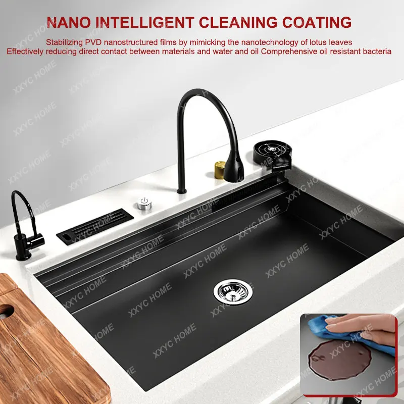 Кухненска мивка Мивка от неръждаема стомана Nano 304 Голяма единична купа С водопадным смесител За съвременните многофункционални мивки