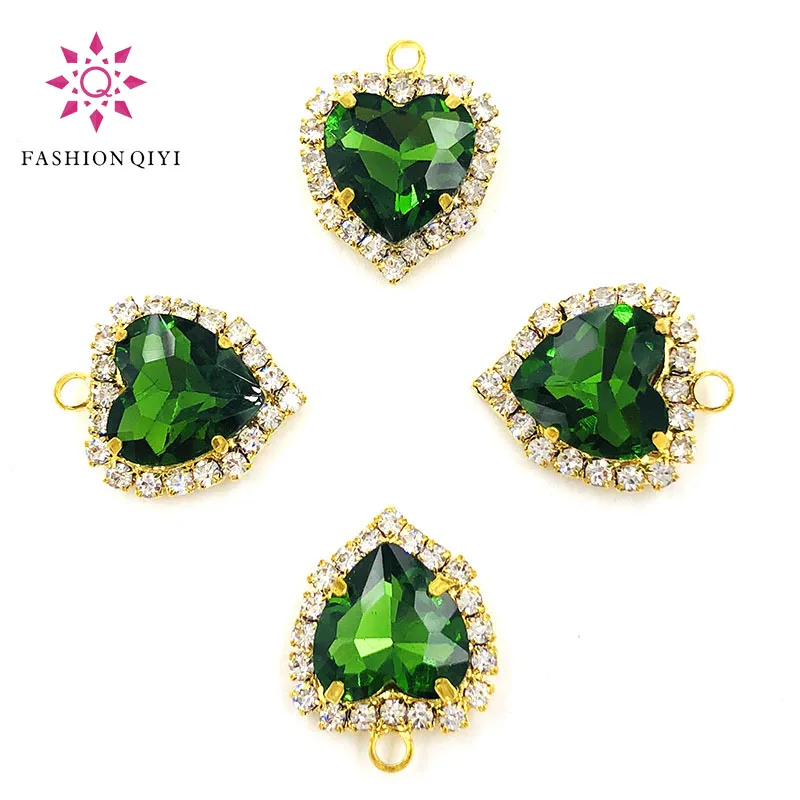 НОВОСТ, 12 мм, травянисто-зелена, във формата на сърца, златна основа, кристален пуговица на една линия, стъклена вложка, кристали, сватбени бижута 
