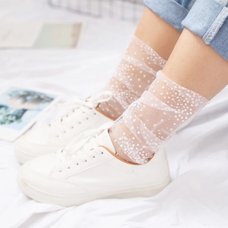 Дамски дантелен мрежести чорапи на точки от смесени Влакна, прозрачни ластични чорапи със средна дължина, летни дамски тънък стръмни чорапи