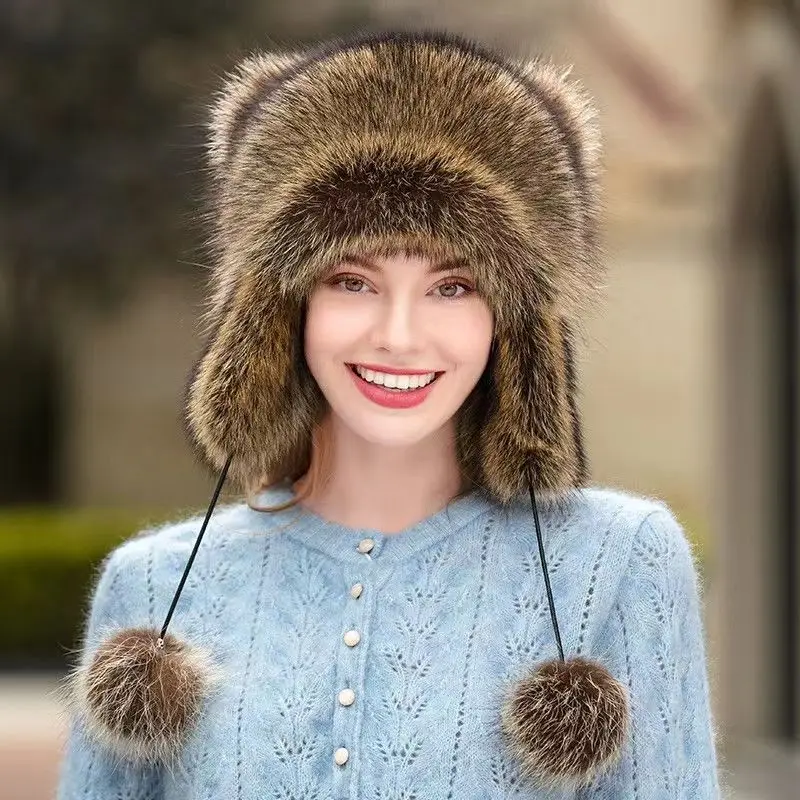 Супер популярната малка женска шапка с уши от миеща мечка, есенно-зимна шапка leifeng от кожа на миеща мечка, коледна хубаво и топло