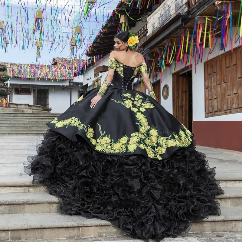 Черно пищни принцеса рокля в мексикански стил, с открити рамене, на много нива къдри, дантела, Vestidos De 15 Años, жълта рокля за бала в цветенце