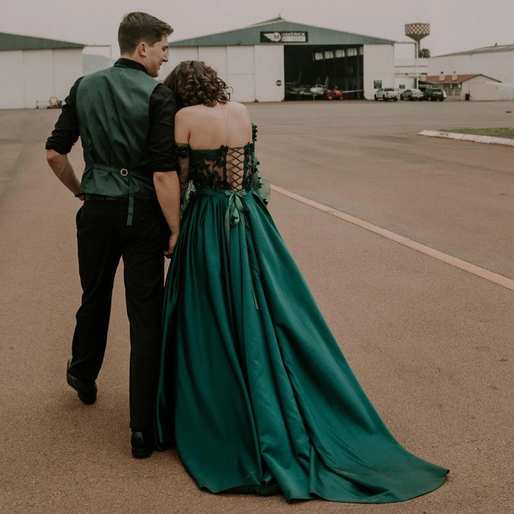 Дълги буйни ръкави, зелени вечерни рокли от сатен с бродерия във формата на сърце, големи размери, трапециевидное рокля за бала от тюл с 3D цветни апликации
