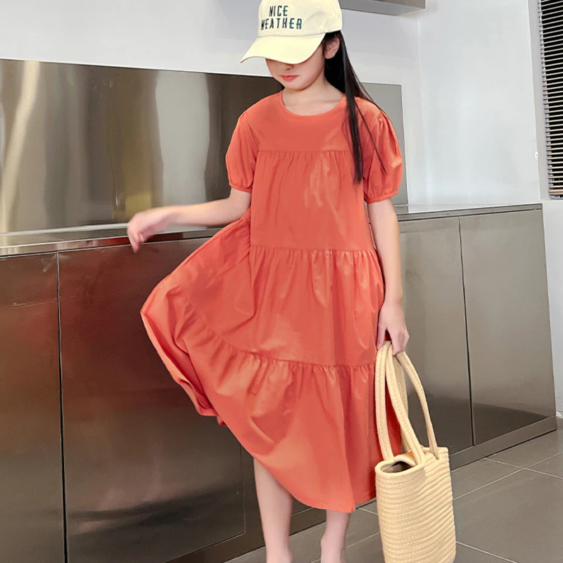Детско памучно рокля 2023, лятна однотонная дрехи с къс ръкав, свободно ежедневна рокля с дължина Миди #7295