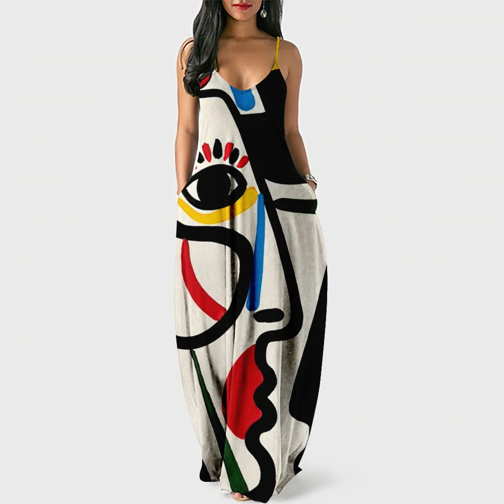 2023 Летни дамски дълги рокли с джапанки Абстрактна дигитален печат Темперамент Градинска облекло 3xl дамски Рокли