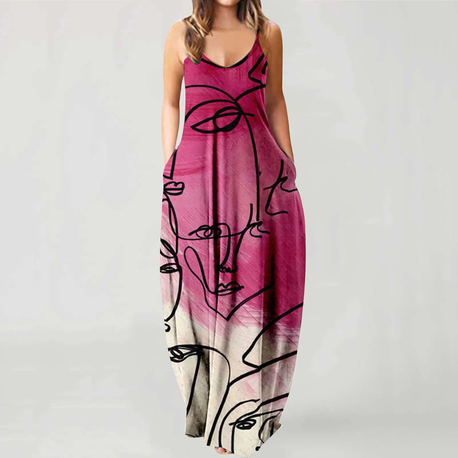 2023 Летни дамски дълги рокли с джапанки Абстрактна дигитален печат Темперамент Градинска облекло 3xl дамски Рокли