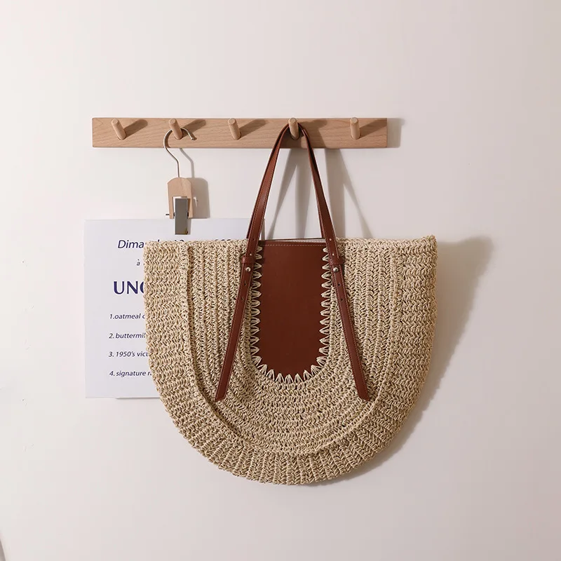 Голяма сламена чанта-тоут, артистична чанта-полумесец, дизайнерски чанти от ратан за жени, летни пътни плажни чанти, портмонета за пазаруване