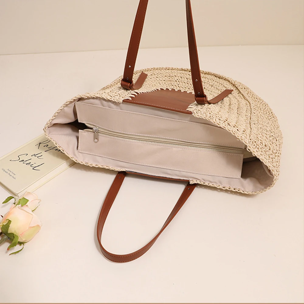 Голяма сламена чанта-тоут, артистична чанта-полумесец, дизайнерски чанти от ратан за жени, летни пътни плажни чанти, портмонета за пазаруване