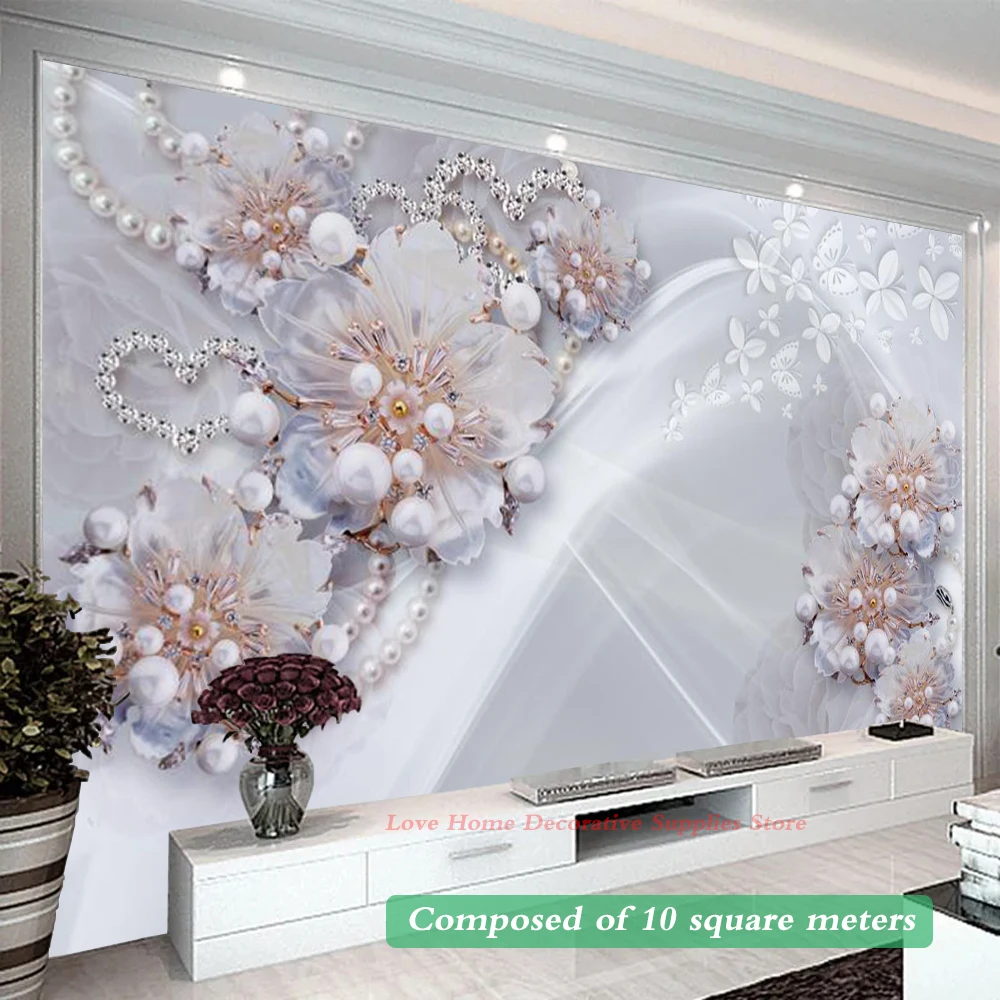 3D Стереоскопични тапети с перлата на цветя за стената, фотообои с бяла папийонка, нестандартен размер, хол, спалня, луксозен модел
