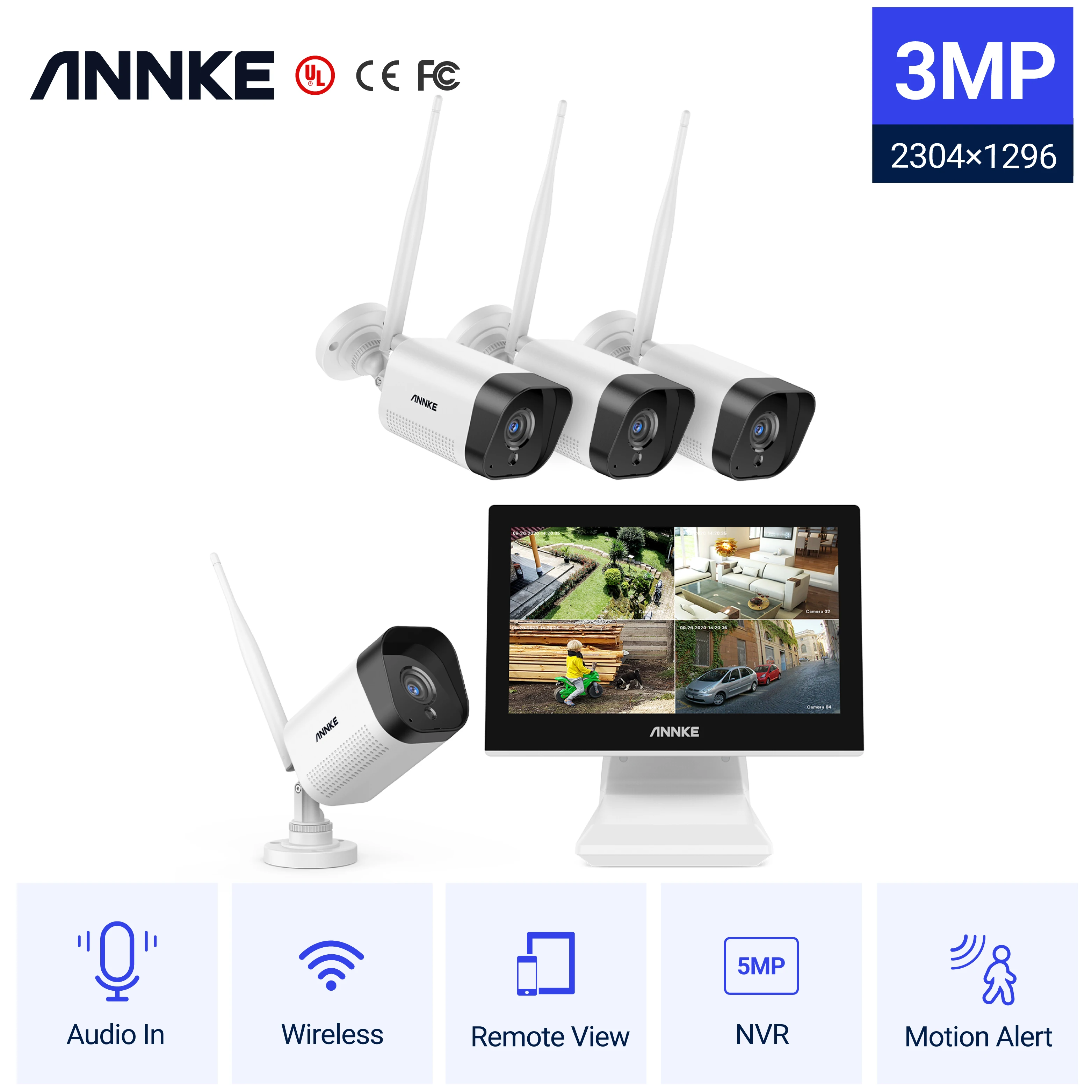 ANNKE WL400 3-мегапикселова безжична камера за сигурност Super HD с 10.1-инчов LCD монитор AI за откриване на човек, вграден микрофон, WIFI камера