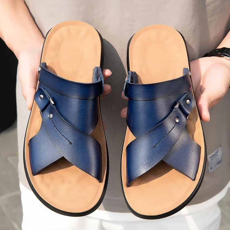 Ново записване, мъжки сандали с двойна употреба, мъжки чехли, модерни меки кожени полуприлегающие плажни обувки на плоска подметка, градинска мъжки летни обувки