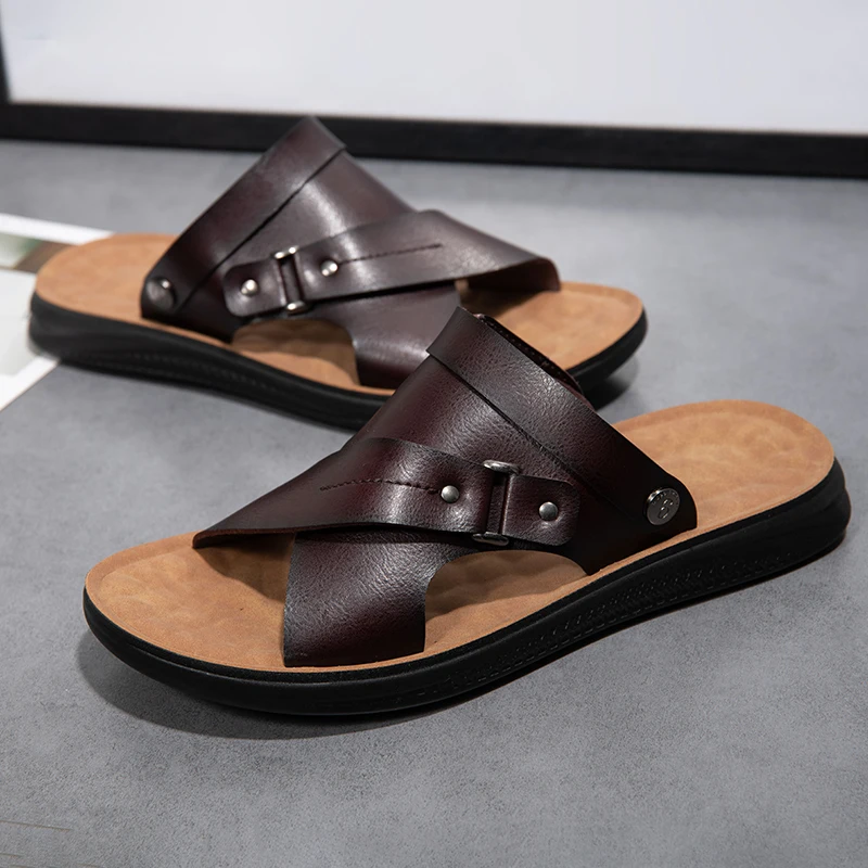 Ново записване, мъжки сандали с двойна употреба, мъжки чехли, модерни меки кожени полуприлегающие плажни обувки на плоска подметка, градинска мъжки летни обувки