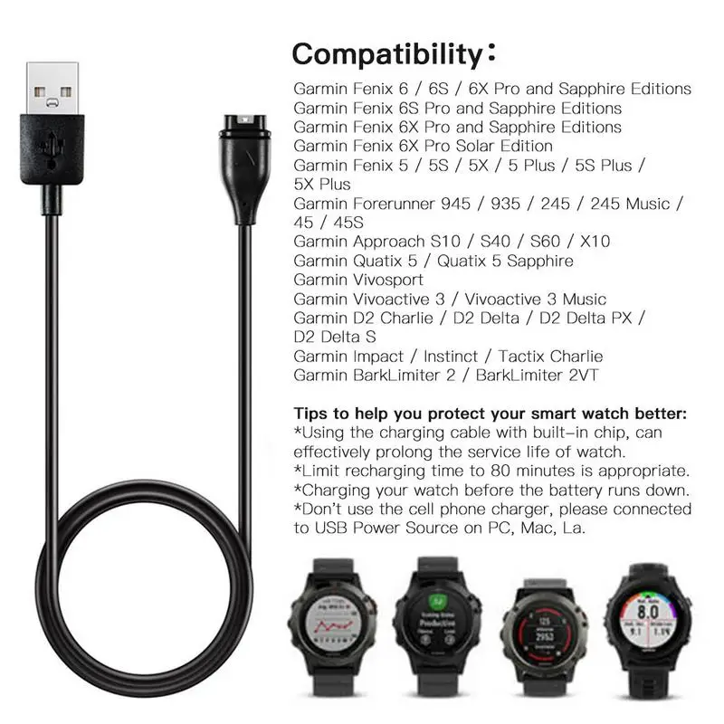 1 m USB Зарядно устройство за бързо зареждане Fenix6/6S/6X Pro/5/5S/5X/Forerunner945 935 245/3/Vivosport