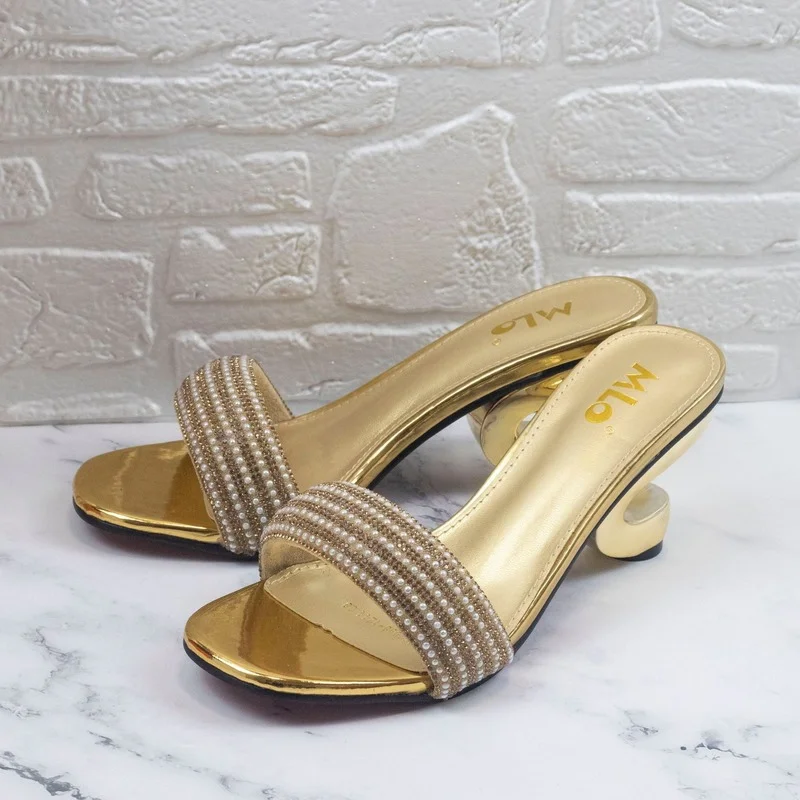 Дамски сандали-гладиатори са с необичайно висок ток с отворени пръсти, елегантни джапанки с перли, дамски летни обувки, чехли с кристали