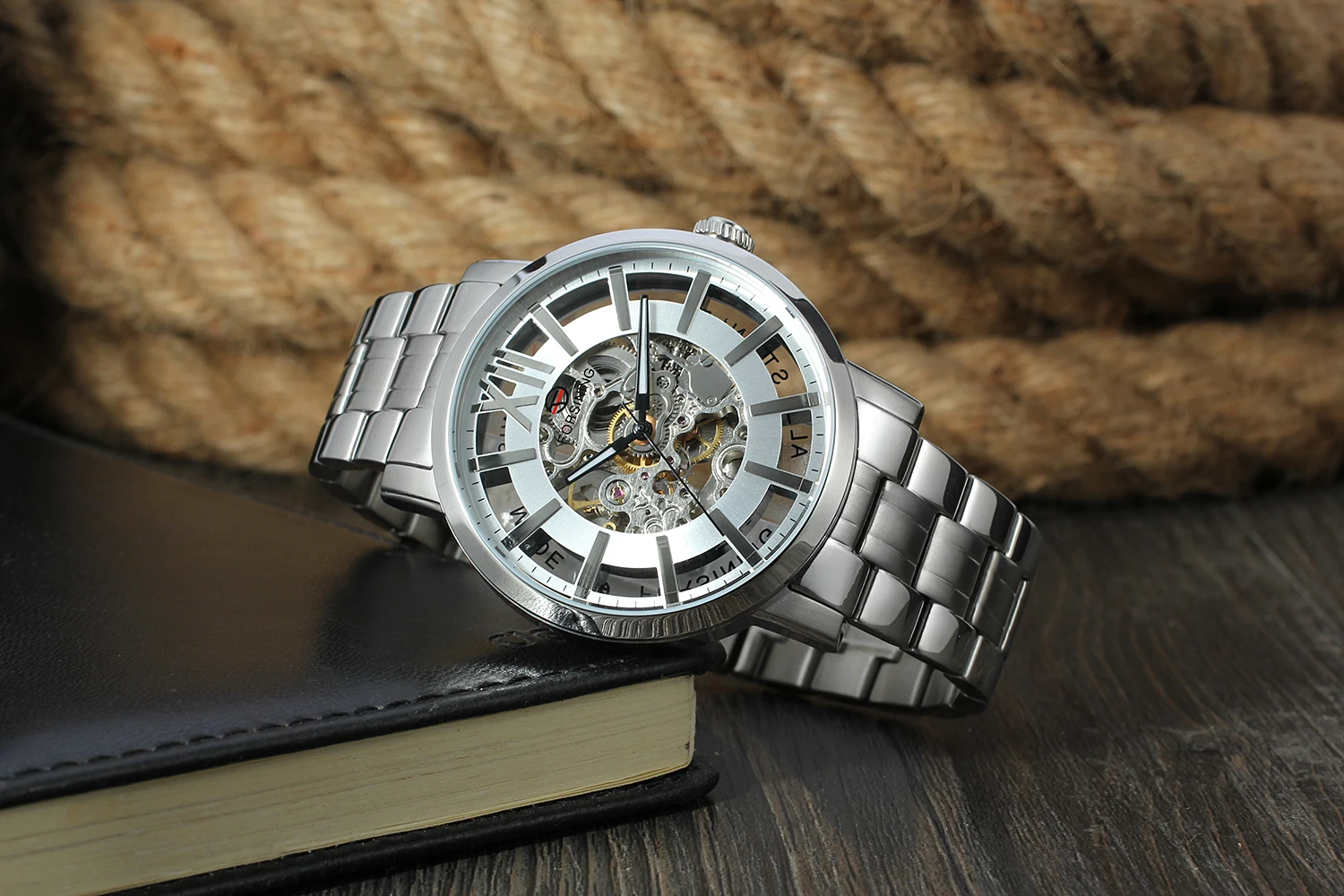 Луксозни мъжки часовник с каишка от неръждаема стомана в нов стил, с автоматично самостоятелно ликвидация, мъжки механични часовници с виртуален скелет, сребърен корпус