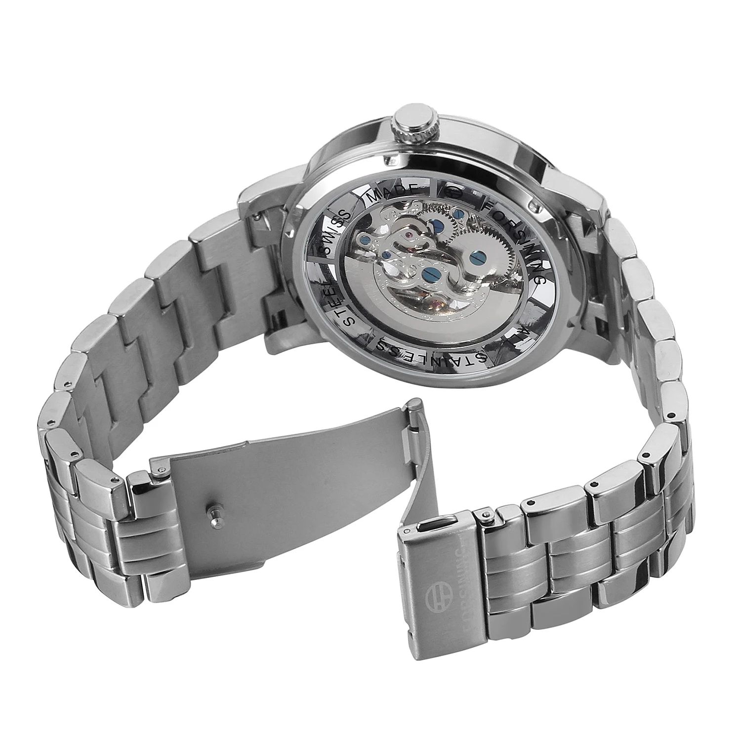Луксозни мъжки часовник с каишка от неръждаема стомана в нов стил, с автоматично самостоятелно ликвидация, мъжки механични часовници с виртуален скелет, сребърен корпус