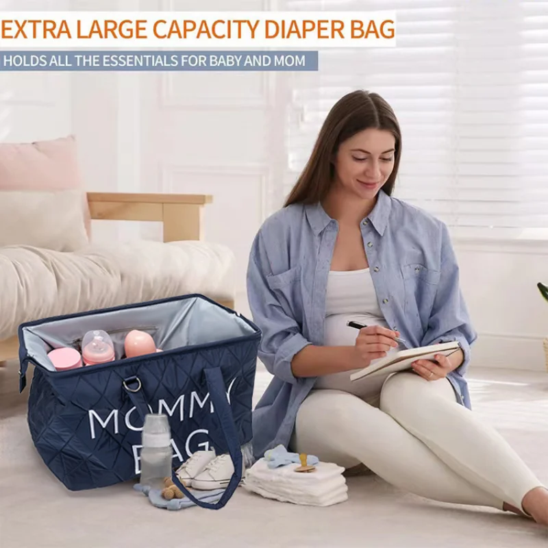 Пътна чанта за майките с бродерия букви, Преносима чанта за бременни, самозалепваща чанта за бутилки с мляко, чанта за пелени с голям капацитет за майката и бебето