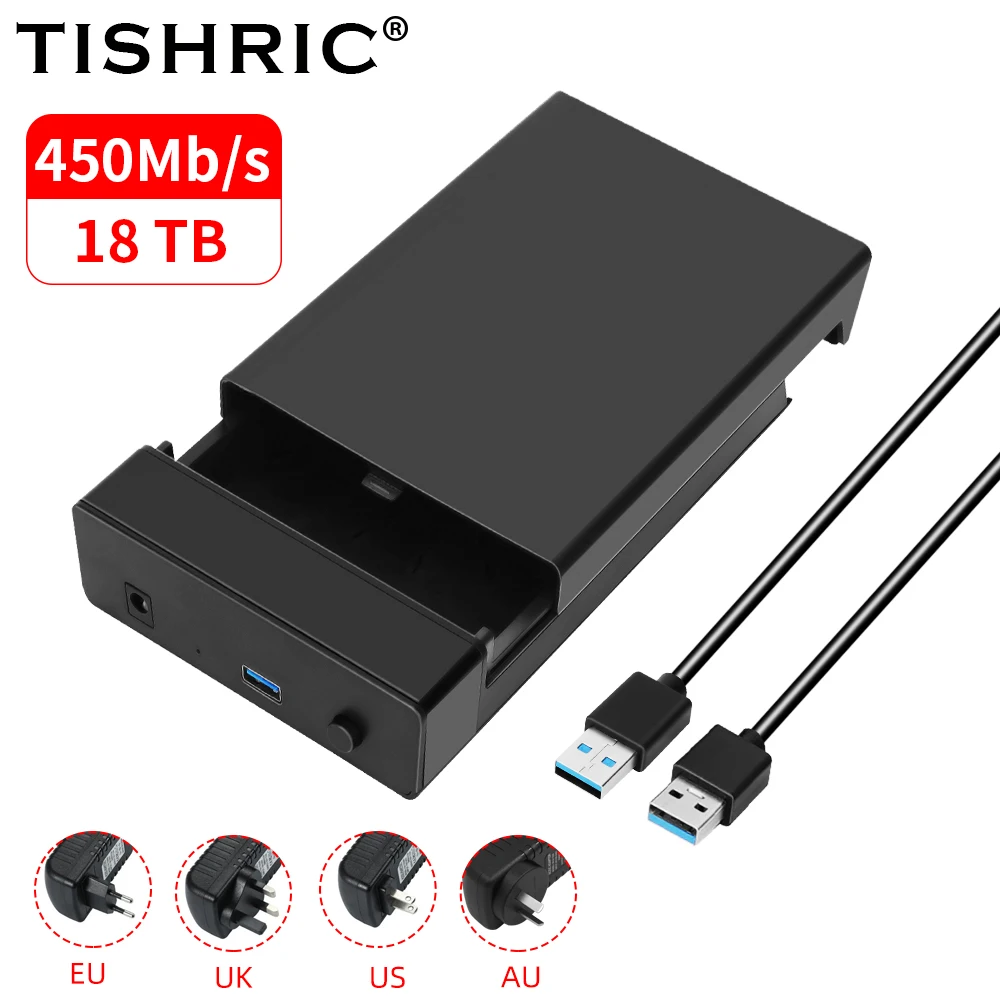 TISHRIC Външен корпус за твърд диск 2,5 / 3,5 SSD Външен корпус за твърдия диск, 450 Mbit/s 18 TB SATA към USB 3.0 Адаптер за корпуса на твърдия диск