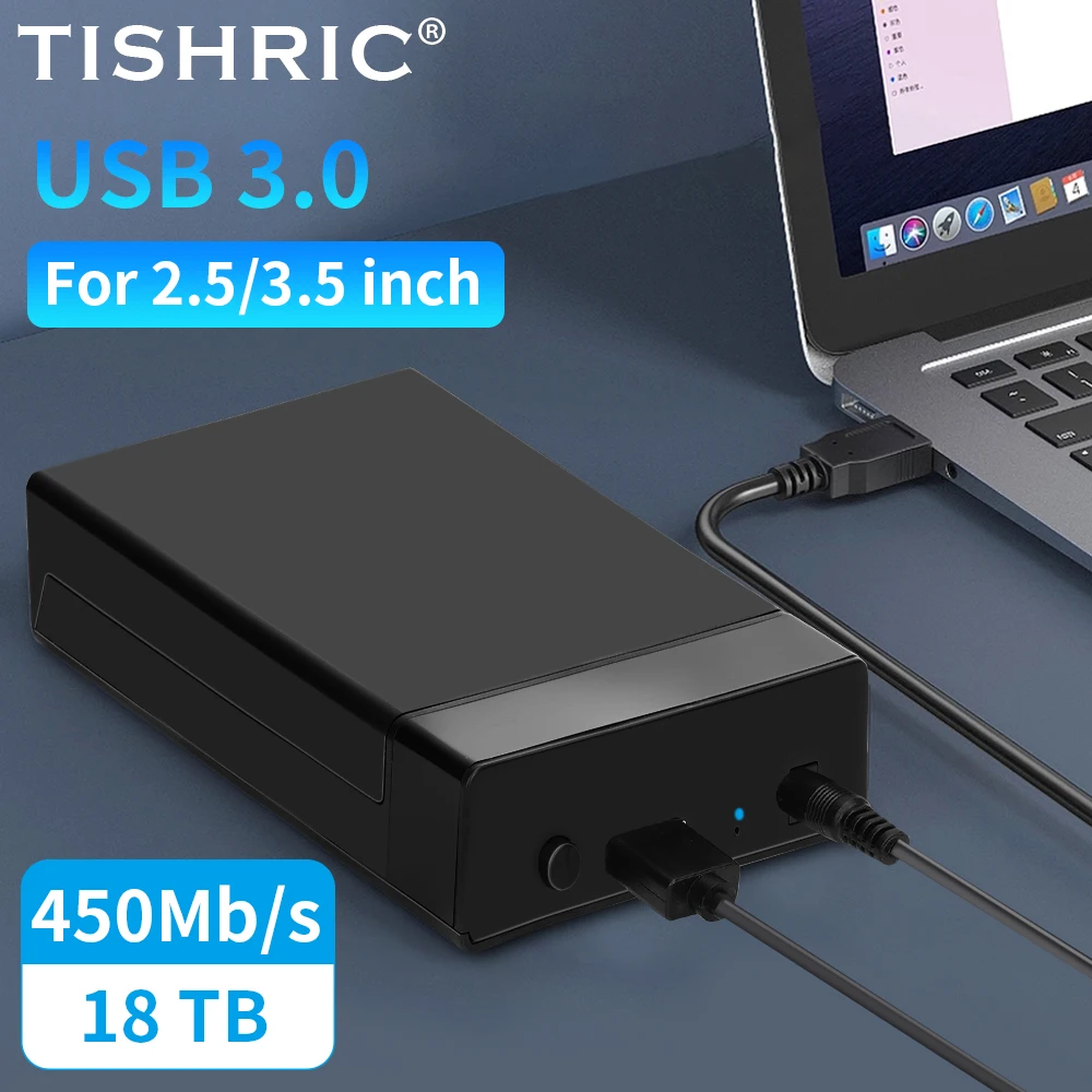 TISHRIC Външен корпус за твърд диск 2,5 / 3,5 SSD Външен корпус за твърдия диск, 450 Mbit/s 18 TB SATA към USB 3.0 Адаптер за корпуса на твърдия диск