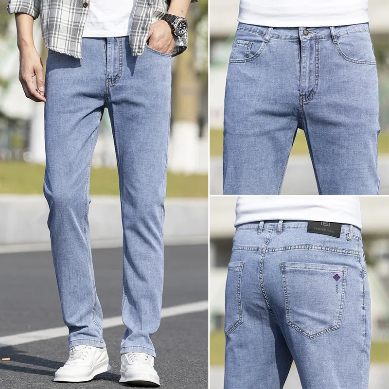 Нови дънки от памук 2022 година, мъжки стилни модни директни дънкови панталони, бизнес класически мъжки панталони, светло синьо, голям размер на 40