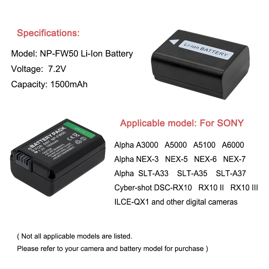 Батерия SONY NP-FW50 за фотоапарат Sony ZV-E10 A6500 A6400 A6300 A6000 NEX-5C NEX-3 A7 A7M2 1500 ма