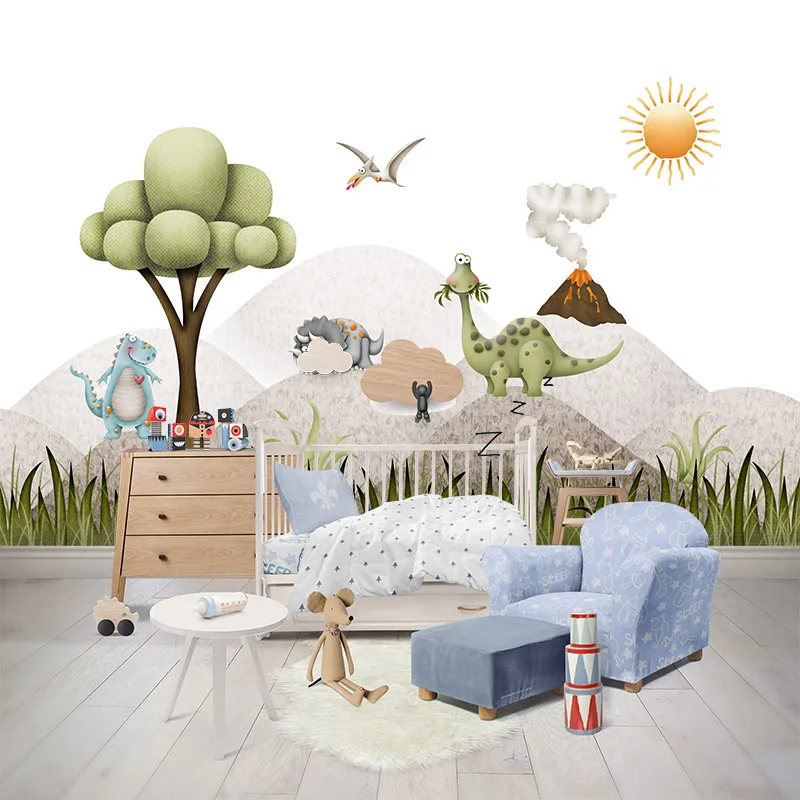 Cartoony динозавър Вулкан, детска стая, 3D тапети по поръчка, стикер на стената, хол, спалня, Мебели за дома