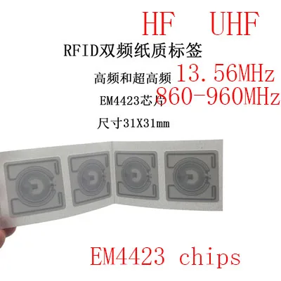 31*31 мм, етикети UHF HF с възможност за запис на EM4423 чип 860-960 Mhz 13,56 Mhz двухчастотные етикети