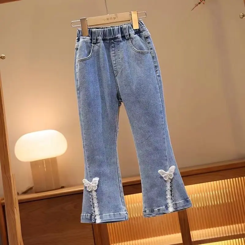 Пролетни дънки с отрязани Панталони за момичета, Новост 2023 година, Корейската версия Расклешенных панталони с цепка За Малки момичета, Детски Модни универсални панталони G120