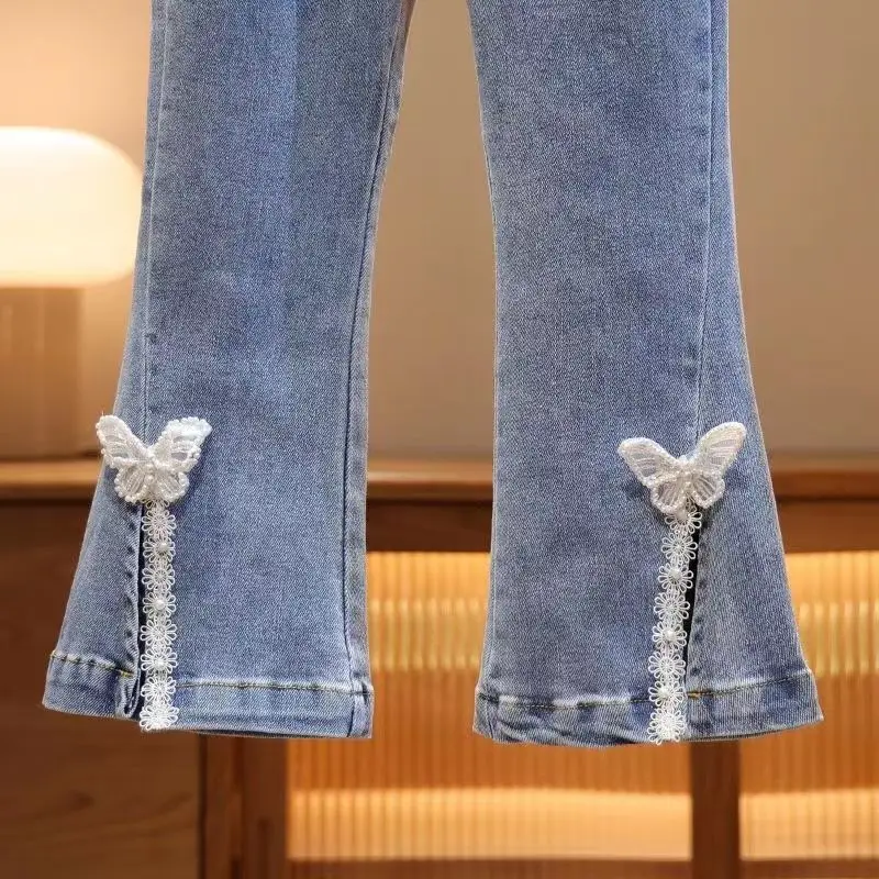 Пролетни дънки с отрязани Панталони за момичета, Новост 2023 година, Корейската версия Расклешенных панталони с цепка За Малки момичета, Детски Модни универсални панталони G120