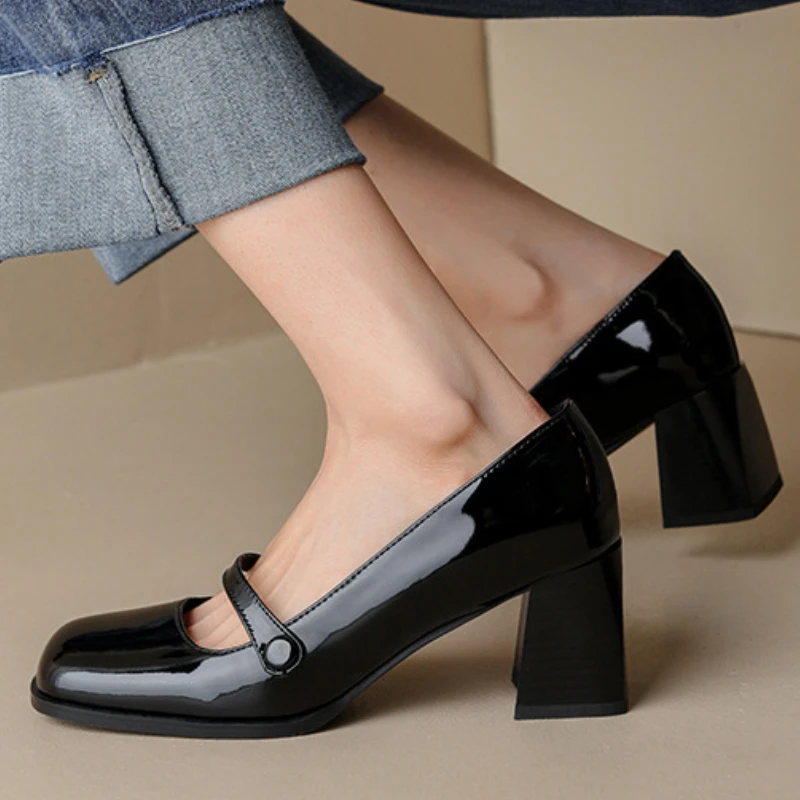 Обувки Mary Jane в стил ретро; пролетни дамски модни обикновена обувки на висок ток с квадратни пръсти; вечерни обувки-лодка на дебелите ток; Zapatos Tacon
