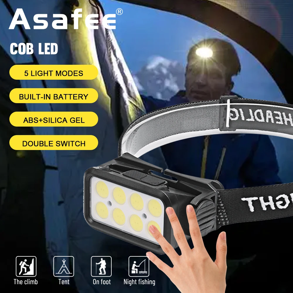 Asafee налобный фенер с индуктивным силната светлина, COB, супер ярък акумулаторна фенерче led външен лампа за дома, предния фенер