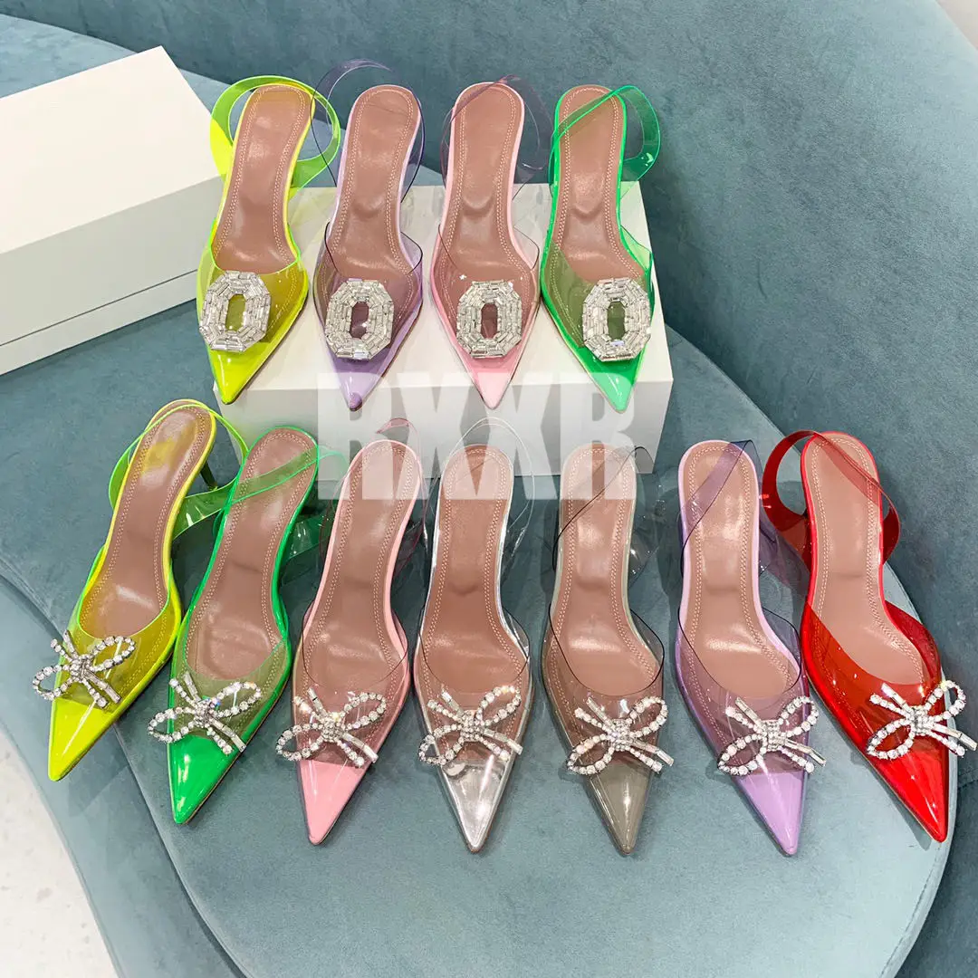 Модни Дамски Летни Обувки на висок ток от TPU с прозрачни кристали, Дамски Обувки-лодки, Чубрица Летни обувки с Остър пръсти Лилав на цвят и кристали