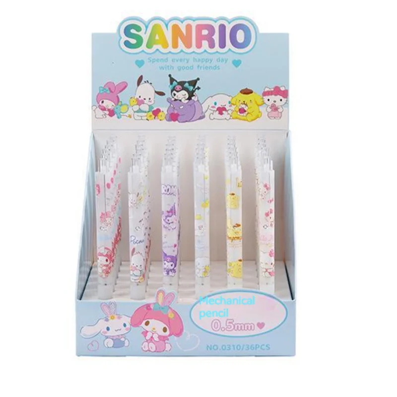 Sanrio 36шт Cartoony механичен молив Hello Kitty Kuromi Подвижни дръжки, канцеларски материали за студенти, 0,5 Черна Училищна писалка за писане
