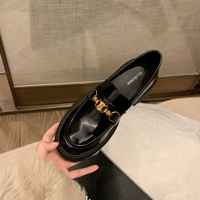 Новост пролетта 2023 година, обувки Lefu от естествена кожа в дебела подметка и дебел ток в британския стил, женска малка кожена обувки на тънки токчета