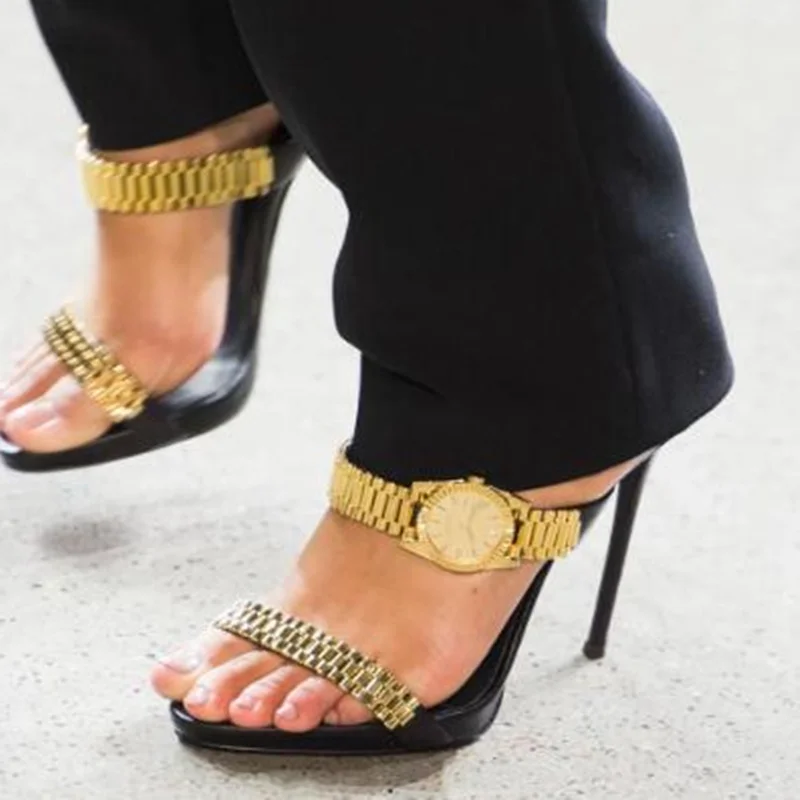 Луксозни сандали със злато каишка за часовник, украсен с метална верига, на модела обувки-гладиатори на високо поломанном ток, празнични модела обувки, Размер на 10