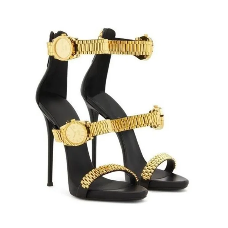 Луксозни сандали със злато каишка за часовник, украсен с метална верига, на модела обувки-гладиатори на високо поломанном ток, празнични модела обувки, Размер на 10