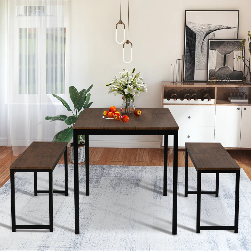 Маса и стол от 3 теми за 4 човека, метална рамка и мебели от МДФ с две пейки за кухня и всекидневна