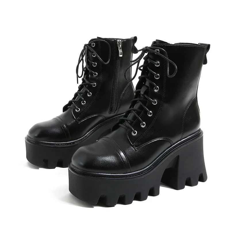 Черни ботильоны от изкуствена кожа, дамски есенно-зимни обувки на квадратен ток, с шнур, дамски модни мотоциклетни ботуши на платформа