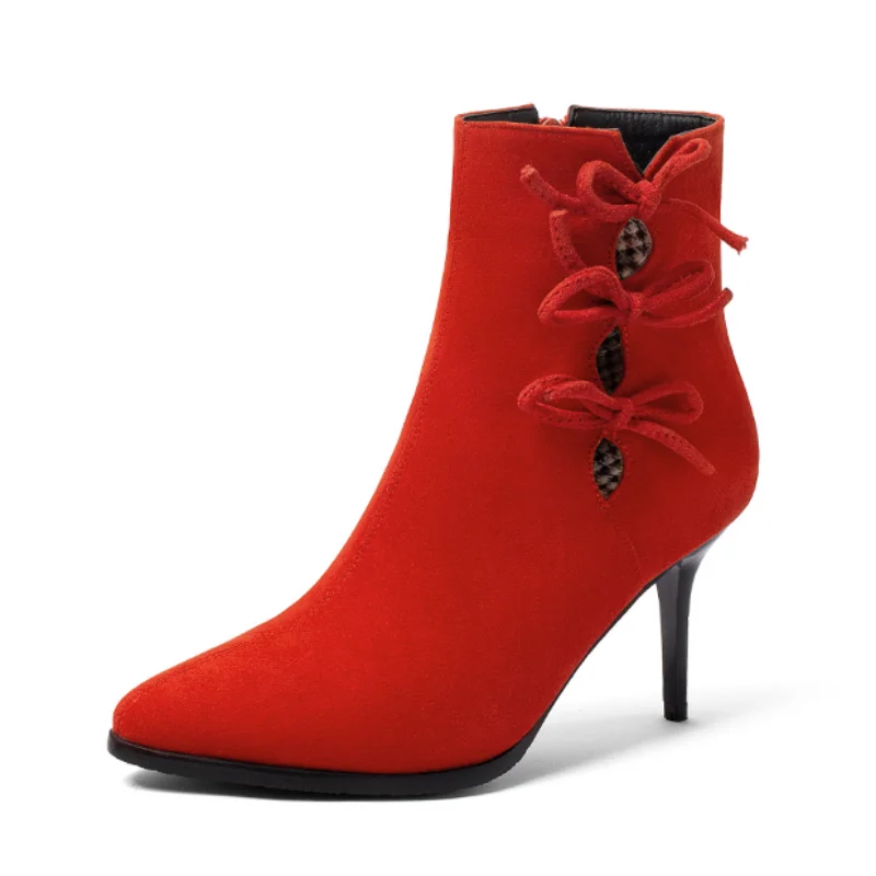 Дамски обувки; сезон есен-зима; модерни, универсални Нови пикантни обувки с Остри пръсти и пеперуда; сладък дамски обувки с височина 8 см; големи размери 32-48